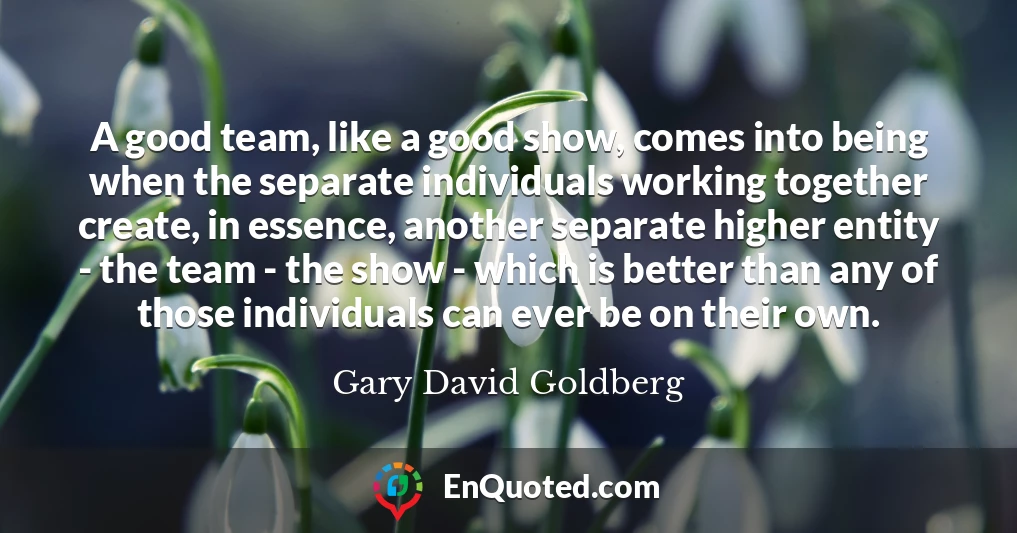 A good team, like a good show, comes into being when the separate individuals working together create, in essence, another separate higher entity - the team - the show - which is better than any of those individuals can ever be on their own.