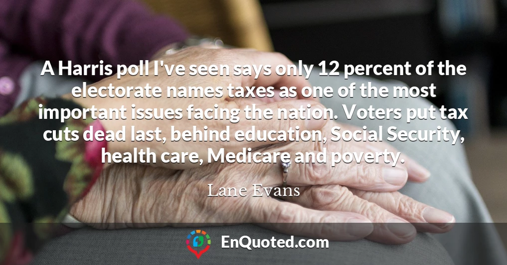 A Harris poll I've seen says only 12 percent of the electorate names taxes as one of the most important issues facing the nation. Voters put tax cuts dead last, behind education, Social Security, health care, Medicare and poverty.