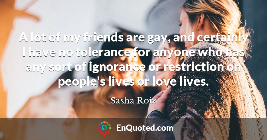 A lot of my friends are gay, and certainly I have no tolerance for anyone who has any sort of ignorance or restriction on people's lives or love lives.
