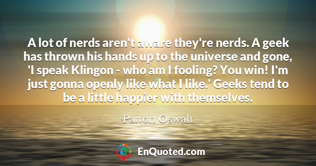 A lot of nerds aren't aware they're nerds. A geek has thrown his hands up to the universe and gone, 'I speak Klingon - who am I fooling? You win! I'm just gonna openly like what I like.' Geeks tend to be a little happier with themselves.