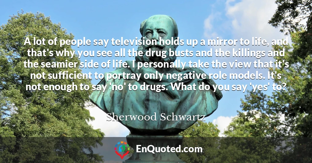 A lot of people say television holds up a mirror to life, and that's why you see all the drug busts and the killings and the seamier side of life. I personally take the view that it's not sufficient to portray only negative role models. It's not enough to say 'no' to drugs. What do you say 'yes' to?