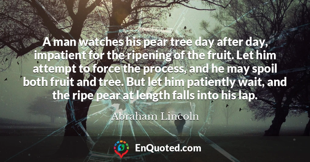 A man watches his pear tree day after day, impatient for the ripening of the fruit. Let him attempt to force the process, and he may spoil both fruit and tree. But let him patiently wait, and the ripe pear at length falls into his lap.