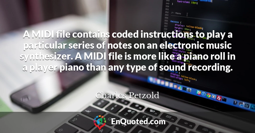A MIDI file contains coded instructions to play a particular series of notes on an electronic music synthesizer. A MIDI file is more like a piano roll in a player piano than any type of sound recording.