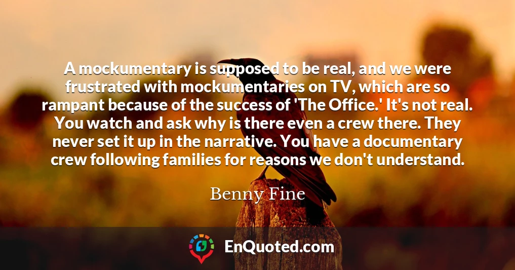 A mockumentary is supposed to be real, and we were frustrated with mockumentaries on TV, which are so rampant because of the success of 'The Office.' It's not real. You watch and ask why is there even a crew there. They never set it up in the narrative. You have a documentary crew following families for reasons we don't understand.