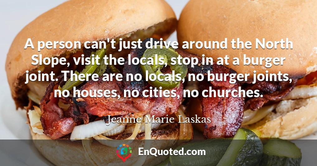 A person can't just drive around the North Slope, visit the locals, stop in at a burger joint. There are no locals, no burger joints, no houses, no cities, no churches.