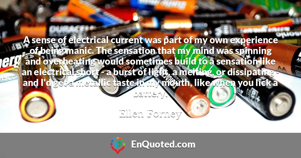 A sense of electrical current was part of my own experience of being manic. The sensation that my mind was spinning and overheating would sometimes build to a sensation like an electrical short - a burst of light, a melting, or dissipating - and I'd get a metallic taste in my mouth, like when you lick a battery.