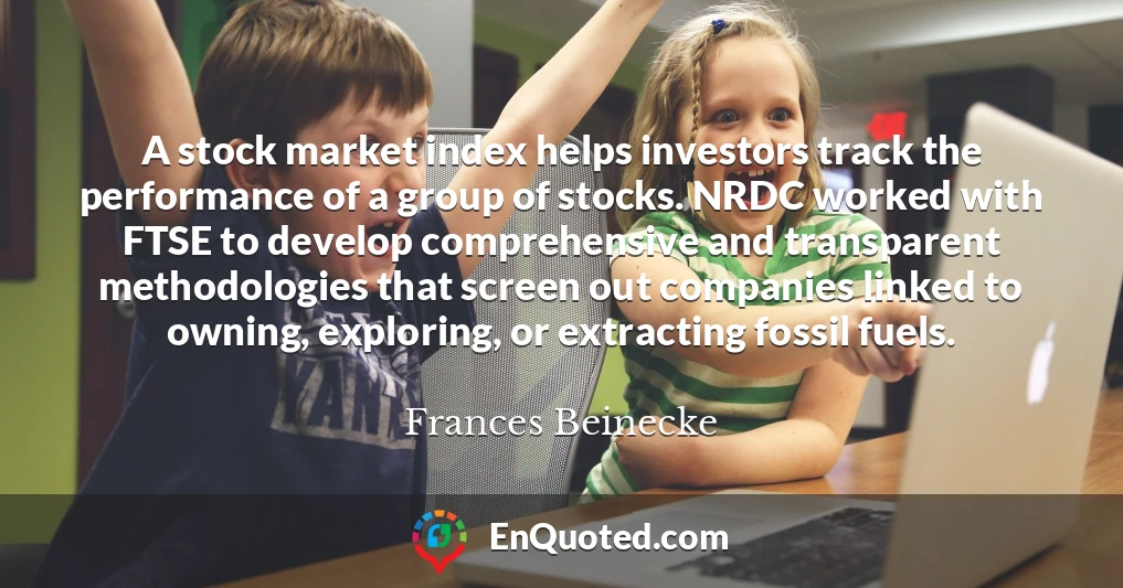 A stock market index helps investors track the performance of a group of stocks. NRDC worked with FTSE to develop comprehensive and transparent methodologies that screen out companies linked to owning, exploring, or extracting fossil fuels.