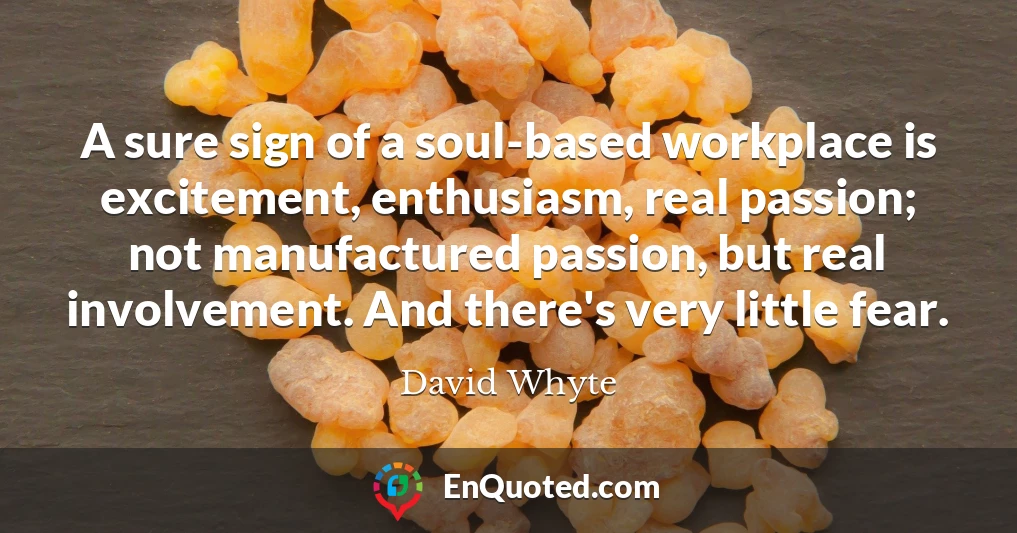 A sure sign of a soul-based workplace is excitement, enthusiasm, real passion; not manufactured passion, but real involvement. And there's very little fear.