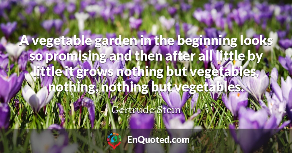 A vegetable garden in the beginning looks so promising and then after all little by little it grows nothing but vegetables, nothing, nothing but vegetables.