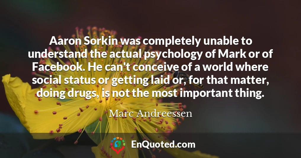 Aaron Sorkin was completely unable to understand the actual psychology of Mark or of Facebook. He can't conceive of a world where social status or getting laid or, for that matter, doing drugs, is not the most important thing.
