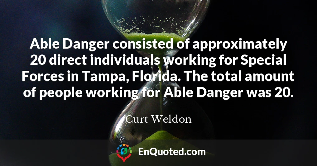 Able Danger consisted of approximately 20 direct individuals working for Special Forces in Tampa, Florida. The total amount of people working for Able Danger was 20.