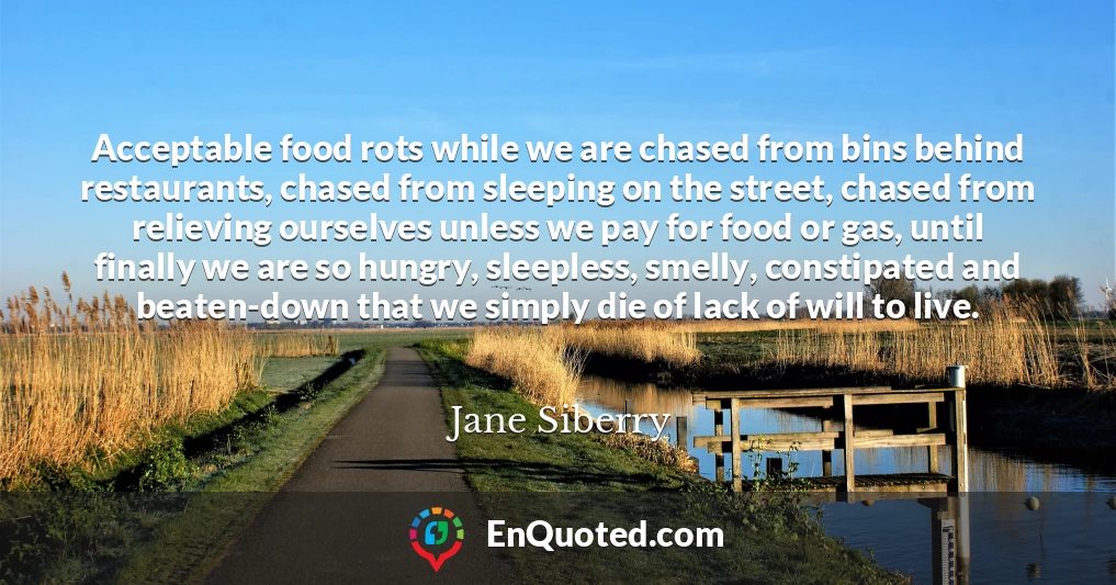 Acceptable food rots while we are chased from bins behind restaurants, chased from sleeping on the street, chased from relieving ourselves unless we pay for food or gas, until finally we are so hungry, sleepless, smelly, constipated and beaten-down that we simply die of lack of will to live.