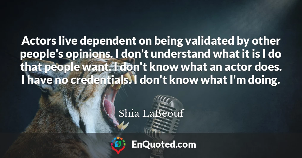 Actors live dependent on being validated by other people's opinions. I don't understand what it is I do that people want. I don't know what an actor does. I have no credentials. I don't know what I'm doing.