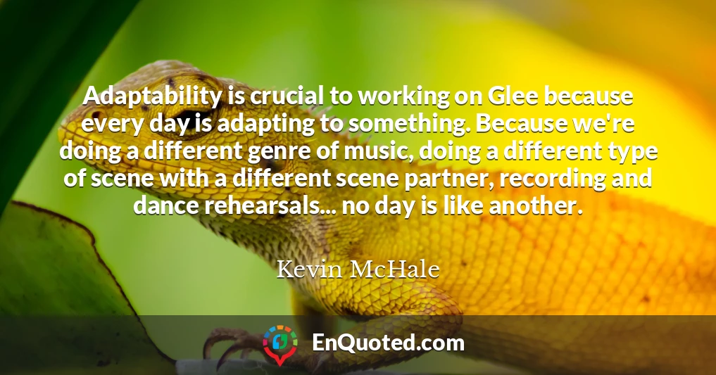 Adaptability is crucial to working on Glee because every day is adapting to something. Because we're doing a different genre of music, doing a different type of scene with a different scene partner, recording and dance rehearsals... no day is like another.