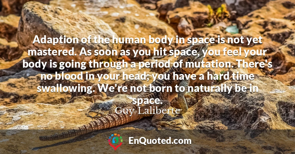 Adaption of the human body in space is not yet mastered. As soon as you hit space, you feel your body is going through a period of mutation. There's no blood in your head; you have a hard time swallowing. We're not born to naturally be in space.