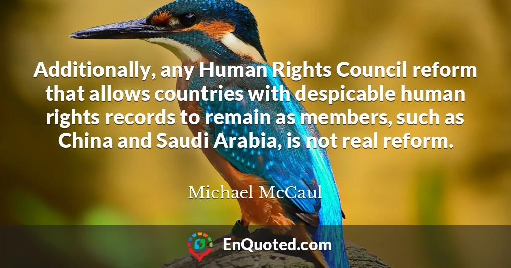 Additionally, any Human Rights Council reform that allows countries with despicable human rights records to remain as members, such as China and Saudi Arabia, is not real reform.