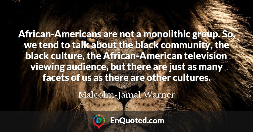 African-Americans are not a monolithic group. So, we tend to talk about the black community, the black culture, the African-American television viewing audience, but there are just as many facets of us as there are other cultures.