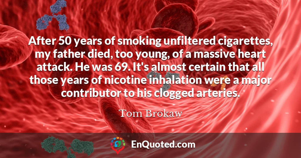 After 50 years of smoking unfiltered cigarettes, my father died, too young, of a massive heart attack. He was 69. It's almost certain that all those years of nicotine inhalation were a major contributor to his clogged arteries.