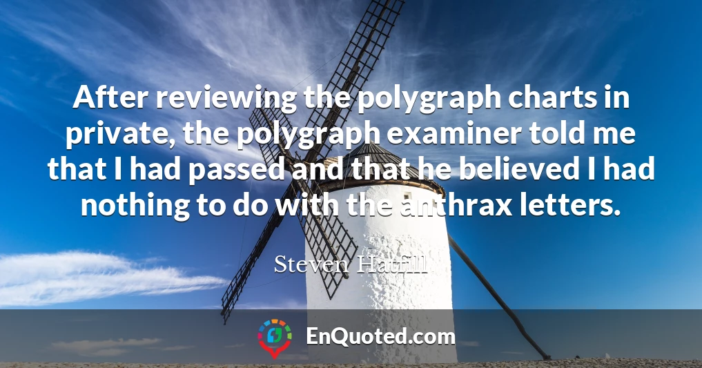 After reviewing the polygraph charts in private, the polygraph examiner told me that I had passed and that he believed I had nothing to do with the anthrax letters.