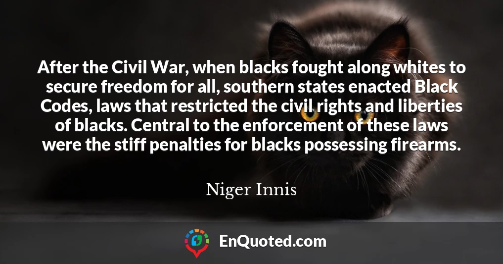 After the Civil War, when blacks fought along whites to secure freedom for all, southern states enacted Black Codes, laws that restricted the civil rights and liberties of blacks. Central to the enforcement of these laws were the stiff penalties for blacks possessing firearms.