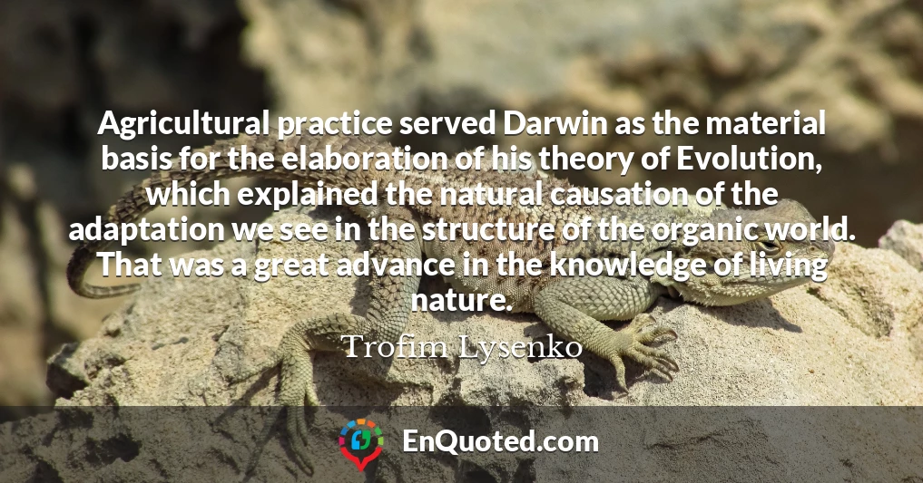 Agricultural practice served Darwin as the material basis for the elaboration of his theory of Evolution, which explained the natural causation of the adaptation we see in the structure of the organic world. That was a great advance in the knowledge of living nature.