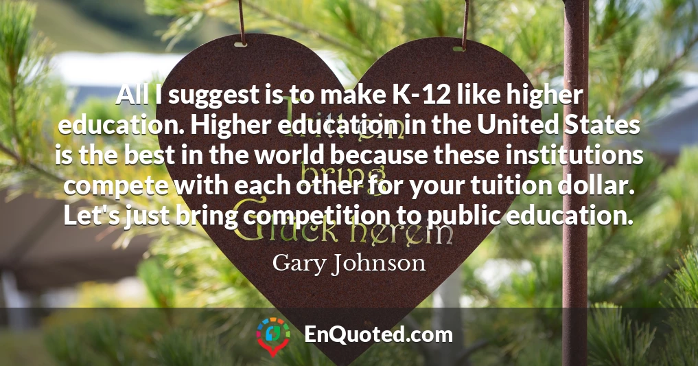 All I suggest is to make K-12 like higher education. Higher education in the United States is the best in the world because these institutions compete with each other for your tuition dollar. Let's just bring competition to public education.