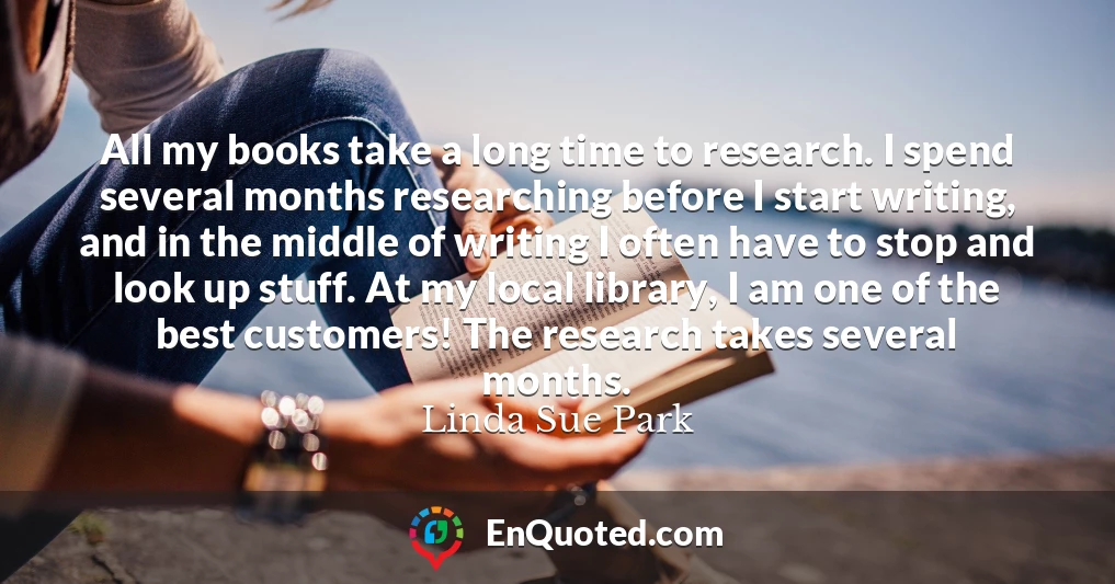 All my books take a long time to research. I spend several months researching before I start writing, and in the middle of writing I often have to stop and look up stuff. At my local library, I am one of the best customers! The research takes several months.