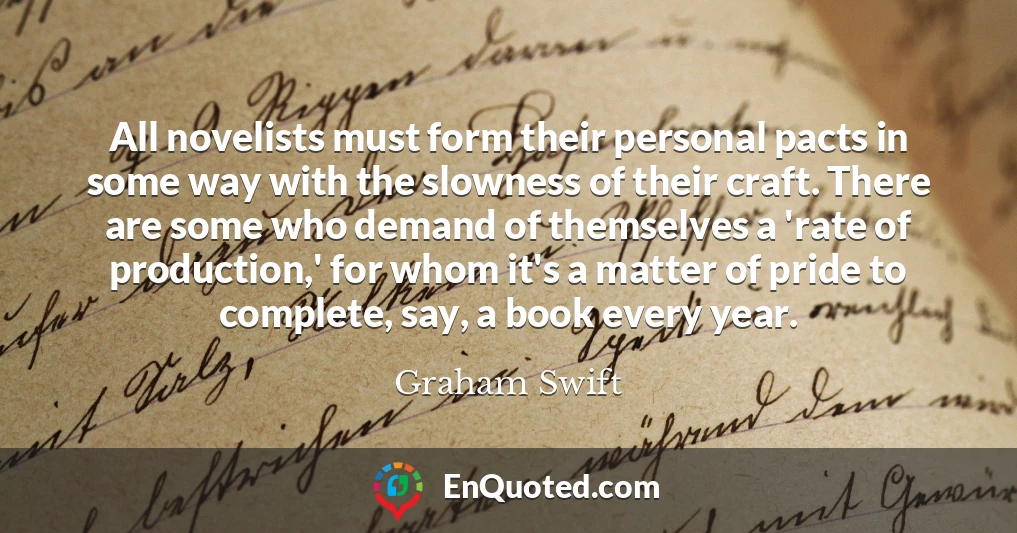 All novelists must form their personal pacts in some way with the slowness of their craft. There are some who demand of themselves a 'rate of production,' for whom it's a matter of pride to complete, say, a book every year.