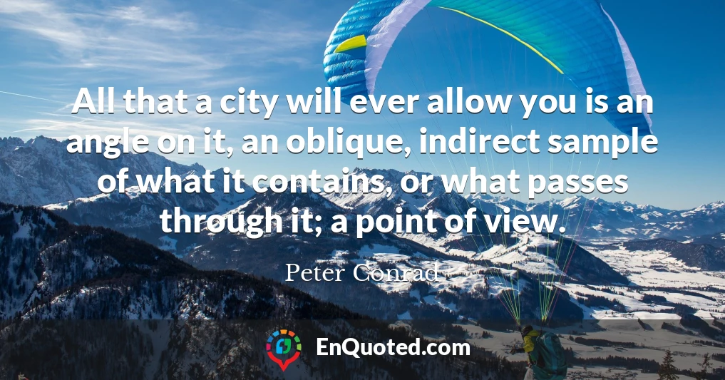 All that a city will ever allow you is an angle on it, an oblique, indirect sample of what it contains, or what passes through it; a point of view.