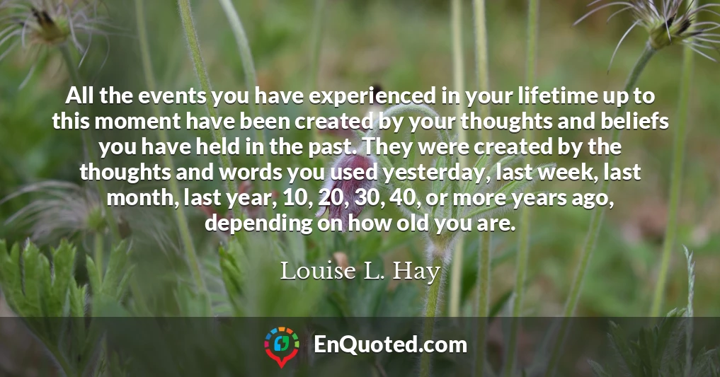 All the events you have experienced in your lifetime up to this moment have been created by your thoughts and beliefs you have held in the past. They were created by the thoughts and words you used yesterday, last week, last month, last year, 10, 20, 30, 40, or more years ago, depending on how old you are.