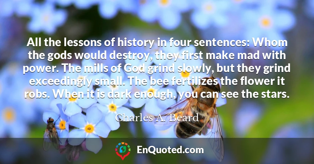 All the lessons of history in four sentences: Whom the gods would destroy, they first make mad with power. The mills of God grind slowly, but they grind exceedingly small. The bee fertilizes the flower it robs. When it is dark enough, you can see the stars.