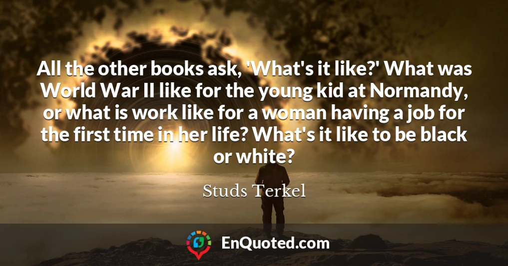 All the other books ask, 'What's it like?' What was World War II like for the young kid at Normandy, or what is work like for a woman having a job for the first time in her life? What's it like to be black or white?