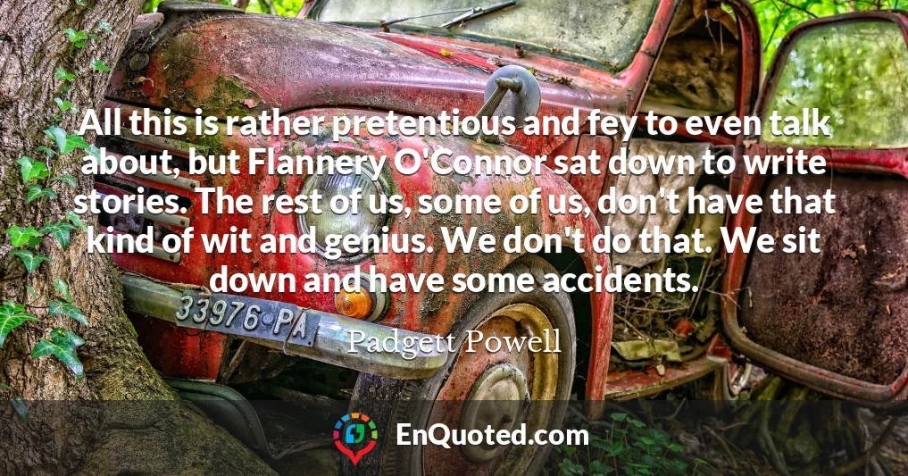 All this is rather pretentious and fey to even talk about, but Flannery O'Connor sat down to write stories. The rest of us, some of us, don't have that kind of wit and genius. We don't do that. We sit down and have some accidents.