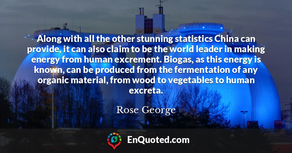 Along with all the other stunning statistics China can provide, it can also claim to be the world leader in making energy from human excrement. Biogas, as this energy is known, can be produced from the fermentation of any organic material, from wood to vegetables to human excreta.