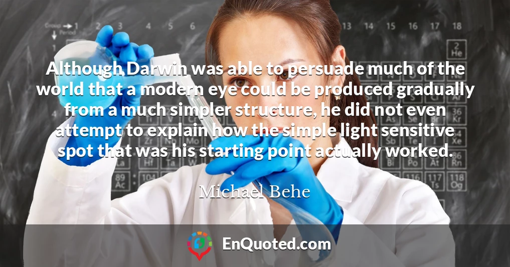 Although Darwin was able to persuade much of the world that a modern eye could be produced gradually from a much simpler structure, he did not even attempt to explain how the simple light sensitive spot that was his starting point actually worked.