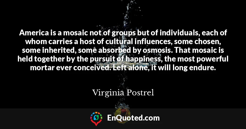 America is a mosaic not of groups but of individuals, each of whom carries a host of cultural influences, some chosen, some inherited, some absorbed by osmosis. That mosaic is held together by the pursuit of happiness, the most powerful mortar ever conceived. Left alone, it will long endure.