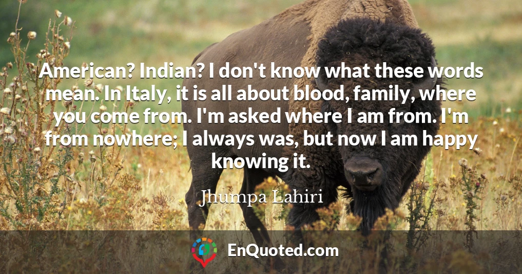American? Indian? I don't know what these words mean. In Italy, it is all about blood, family, where you come from. I'm asked where I am from. I'm from nowhere; I always was, but now I am happy knowing it.