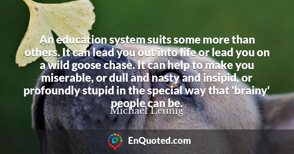 An education system suits some more than others. It can lead you out into life or lead you on a wild goose chase. It can help to make you miserable, or dull and nasty and insipid, or profoundly stupid in the special way that 'brainy' people can be.