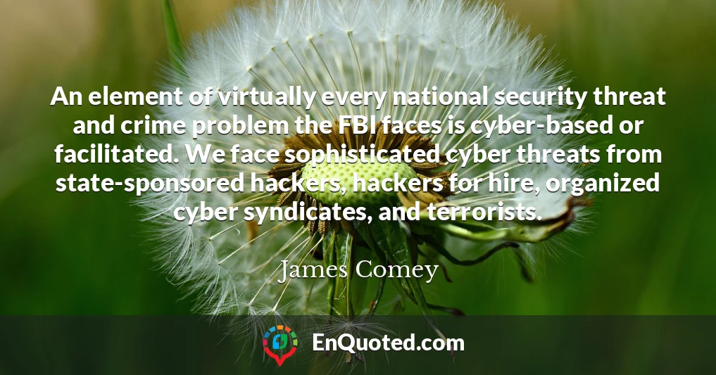 An element of virtually every national security threat and crime problem the FBI faces is cyber-based or facilitated. We face sophisticated cyber threats from state-sponsored hackers, hackers for hire, organized cyber syndicates, and terrorists.