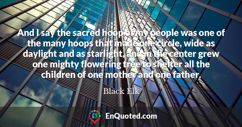 And I say the sacred hoop of my people was one of the many hoops that made one circle, wide as daylight and as starlight, and in the center grew one mighty flowering tree to shelter all the children of one mother and one father.