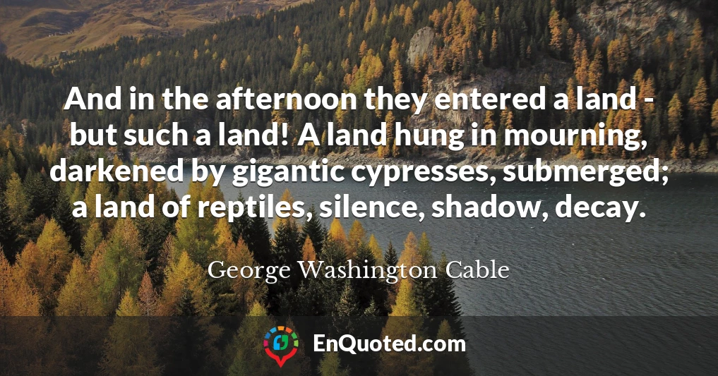 And in the afternoon they entered a land - but such a land! A land hung in mourning, darkened by gigantic cypresses, submerged; a land of reptiles, silence, shadow, decay.