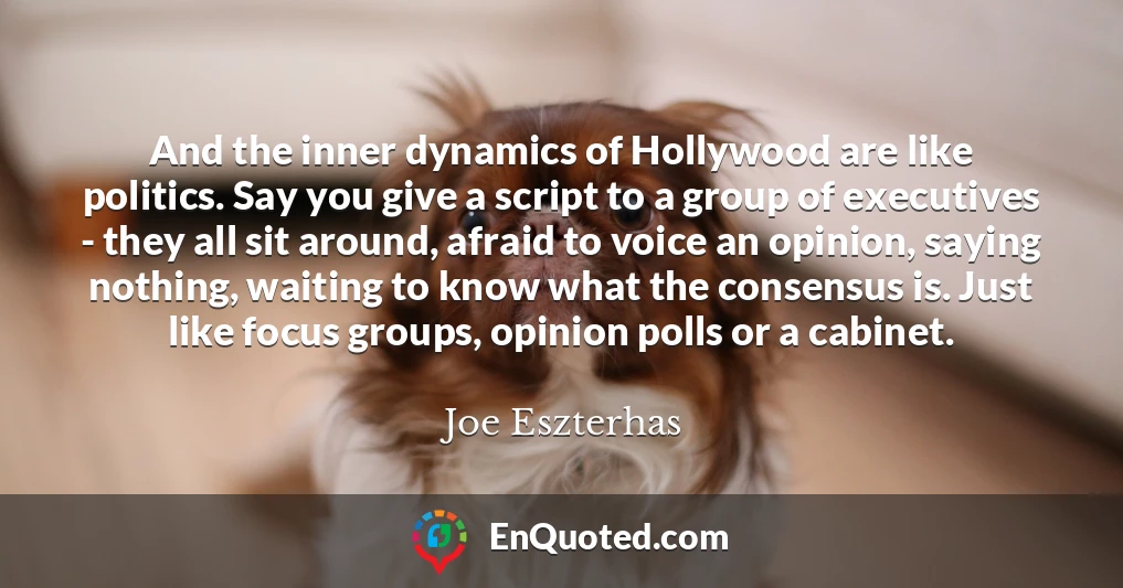 And the inner dynamics of Hollywood are like politics. Say you give a script to a group of executives - they all sit around, afraid to voice an opinion, saying nothing, waiting to know what the consensus is. Just like focus groups, opinion polls or a cabinet.