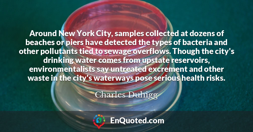Around New York City, samples collected at dozens of beaches or piers have detected the types of bacteria and other pollutants tied to sewage overflows. Though the city's drinking water comes from upstate reservoirs, environmentalists say untreated excrement and other waste in the city's waterways pose serious health risks.