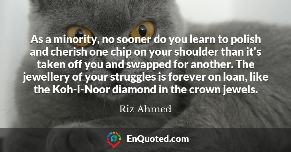 As a minority, no sooner do you learn to polish and cherish one chip on your shoulder than it's taken off you and swapped for another. The jewellery of your struggles is forever on loan, like the Koh-i-Noor diamond in the crown jewels.