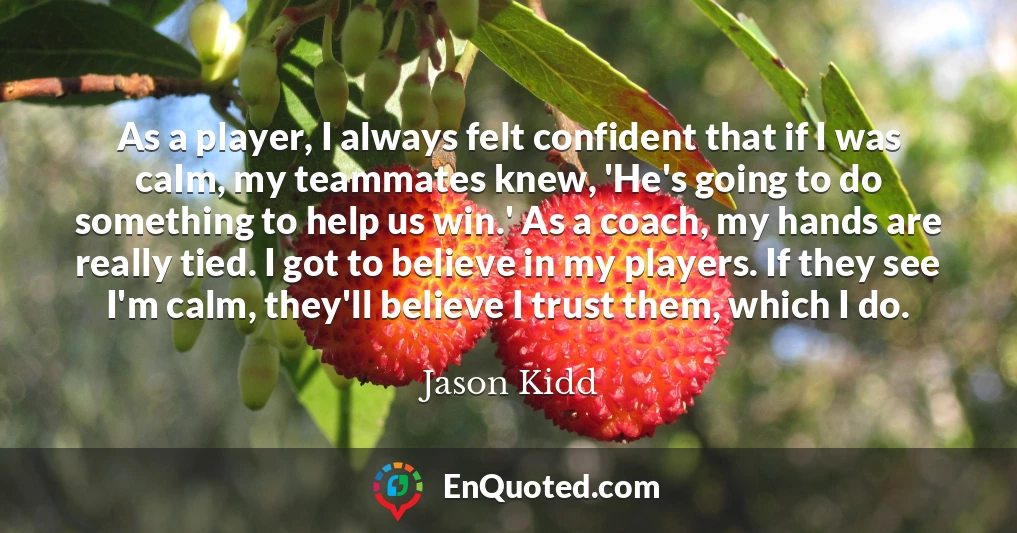 As a player, I always felt confident that if I was caIm, my teammates knew, 'He's going to do something to help us win.' As a coach, my hands are really tied. I got to believe in my players. If they see I'm calm, they'll believe I trust them, which I do.