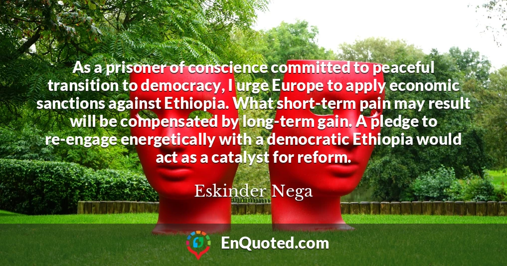 As a prisoner of conscience committed to peaceful transition to democracy, I urge Europe to apply economic sanctions against Ethiopia. What short-term pain may result will be compensated by long-term gain. A pledge to re-engage energetically with a democratic Ethiopia would act as a catalyst for reform.