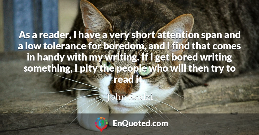 As a reader, I have a very short attention span and a low tolerance for boredom, and I find that comes in handy with my writing. If I get bored writing something, I pity the people who will then try to read it.