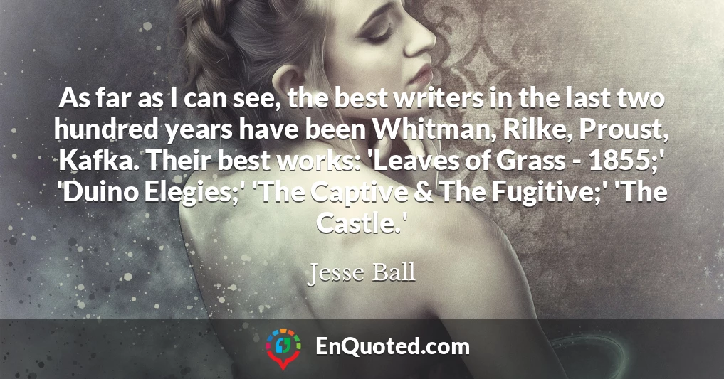 As far as I can see, the best writers in the last two hundred years have been Whitman, Rilke, Proust, Kafka. Their best works: 'Leaves of Grass - 1855;' 'Duino Elegies;' 'The Captive & The Fugitive;' 'The Castle.'