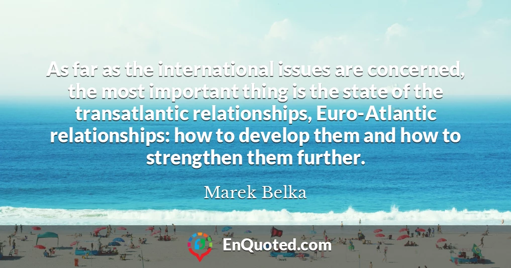As far as the international issues are concerned, the most important thing is the state of the transatlantic relationships, Euro-Atlantic relationships: how to develop them and how to strengthen them further.