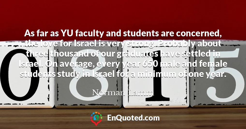 As far as YU faculty and students are concerned, the love for Israel is very strong. Probably about three thousand of our graduates have settled in Israel. On average, every year 650 male and female students study in Israel for a minimum of one year.